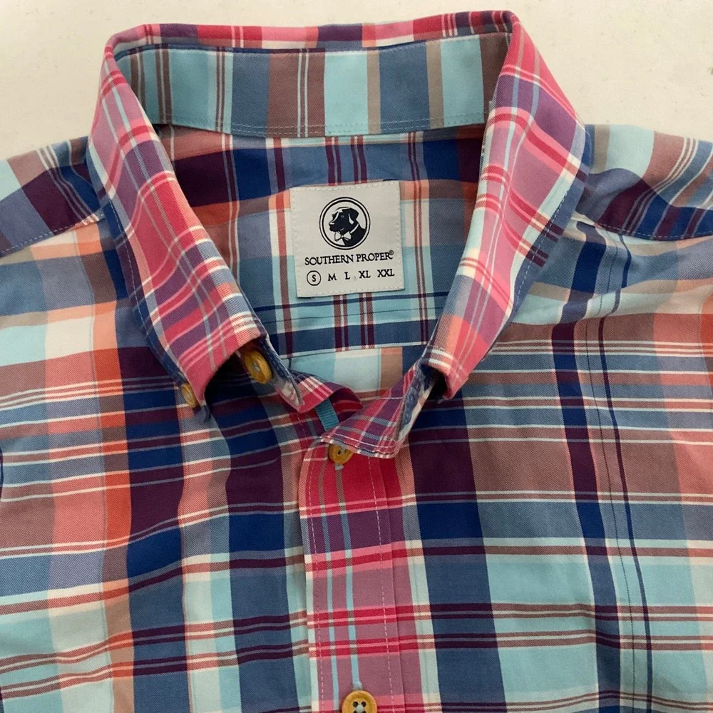 Southern Proper Mens Small Plaid Button Down Shirt Pink Blue Cotton Long Sleeve